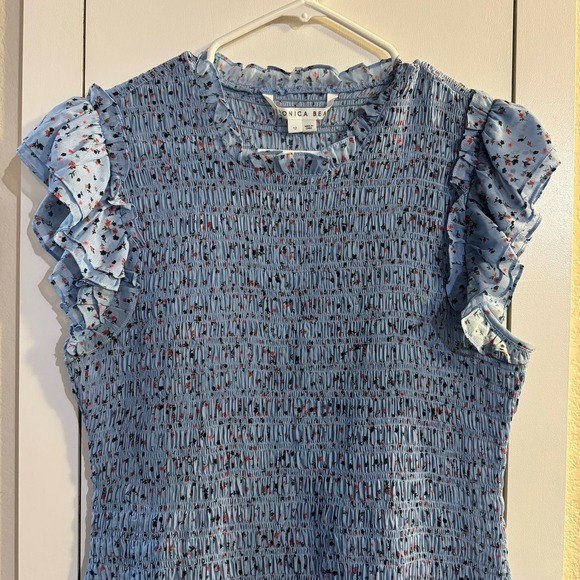 VERONICA BEARD Cici Smocked Floral Mini Blue Dress Size 12 Bloomcore Feminine - Picture 6 of 9